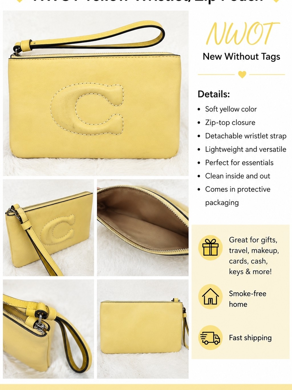 Coach Yellow Leather Wristlet Clutch with Embossed 'C'
